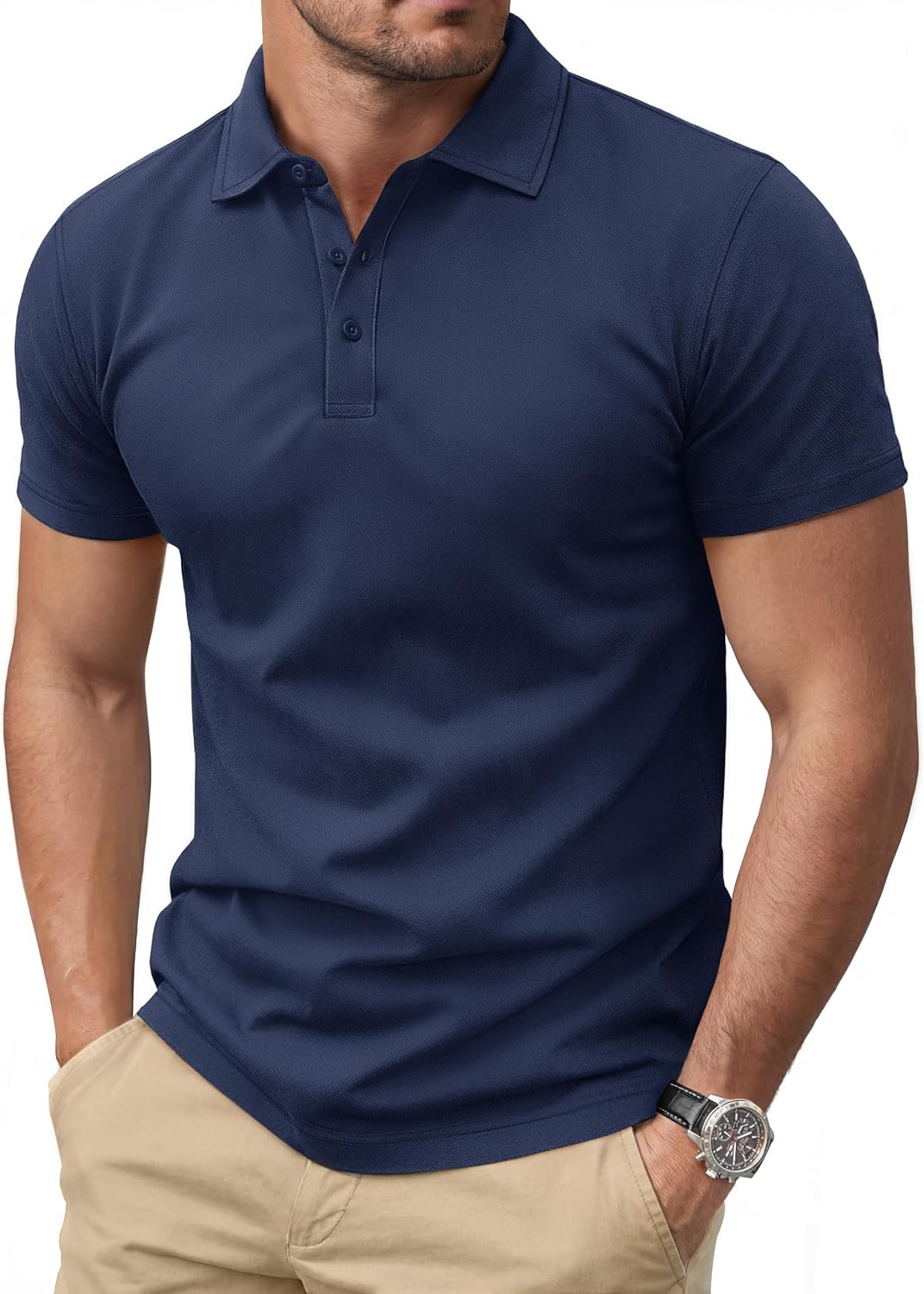 Men's Polo Shirt, Short Sleeve, Soft Cotton Piqué T-Shirt, Three-Button Classic Fit, Casual High-Performance Golf Shirt