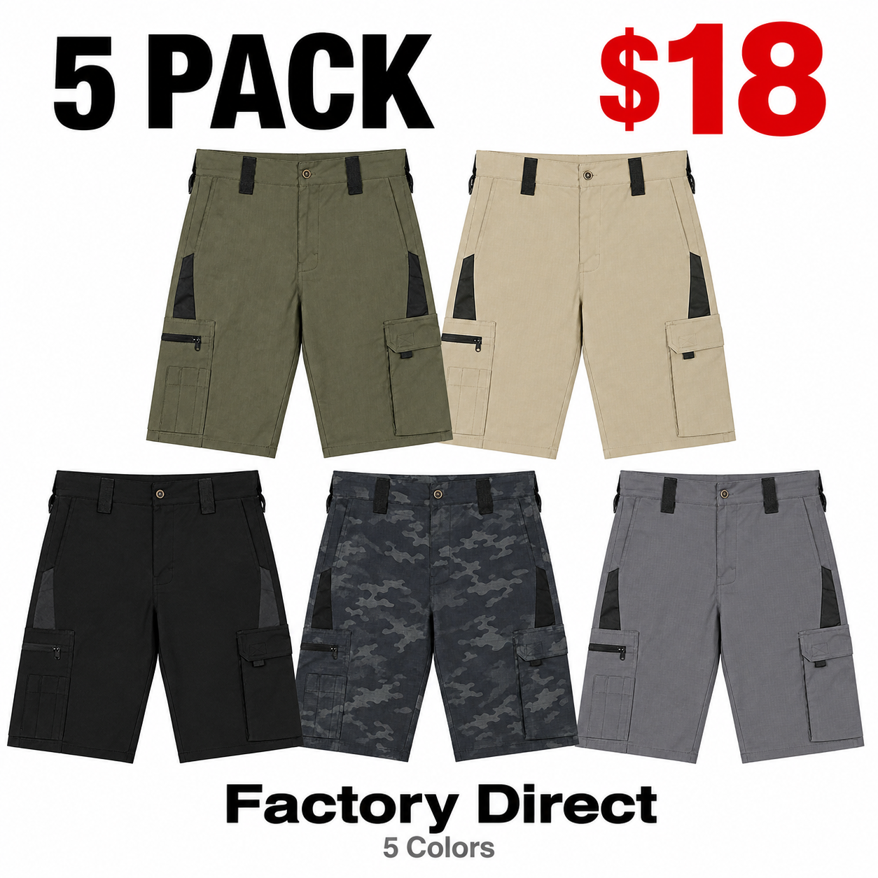Men's Tactical Cargo Work Shorts 5-Pack & 10-Pack Bundle