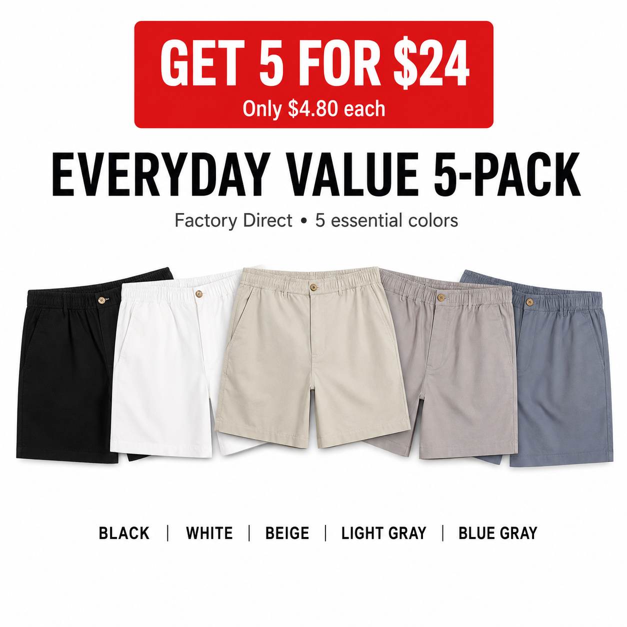 Men's Casual Shorts 5-Pack and 10-Pack Bundle