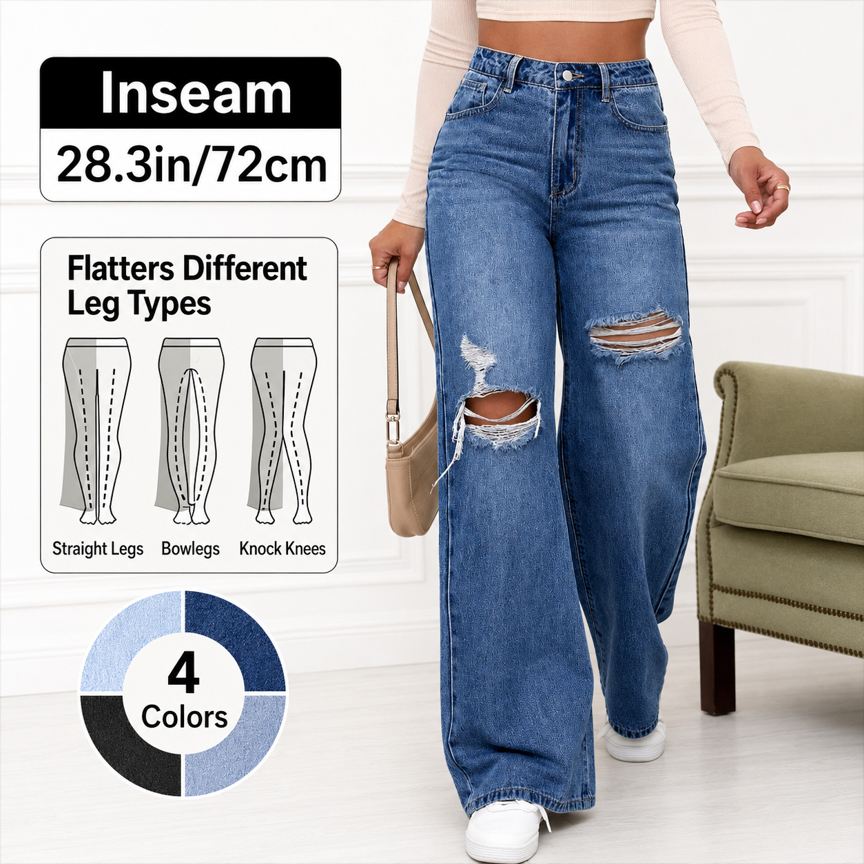Women's High Rise Ripped Wide Leg Jeans 4-Pack & 8-Pack