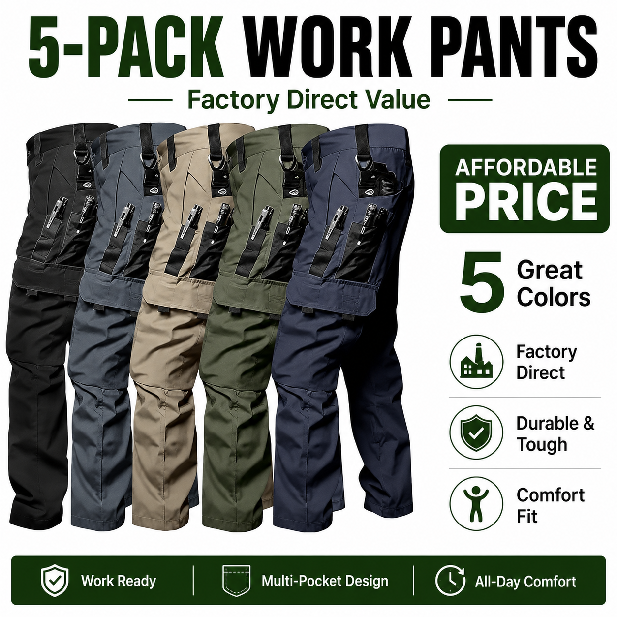 5-pack work pants in five colors