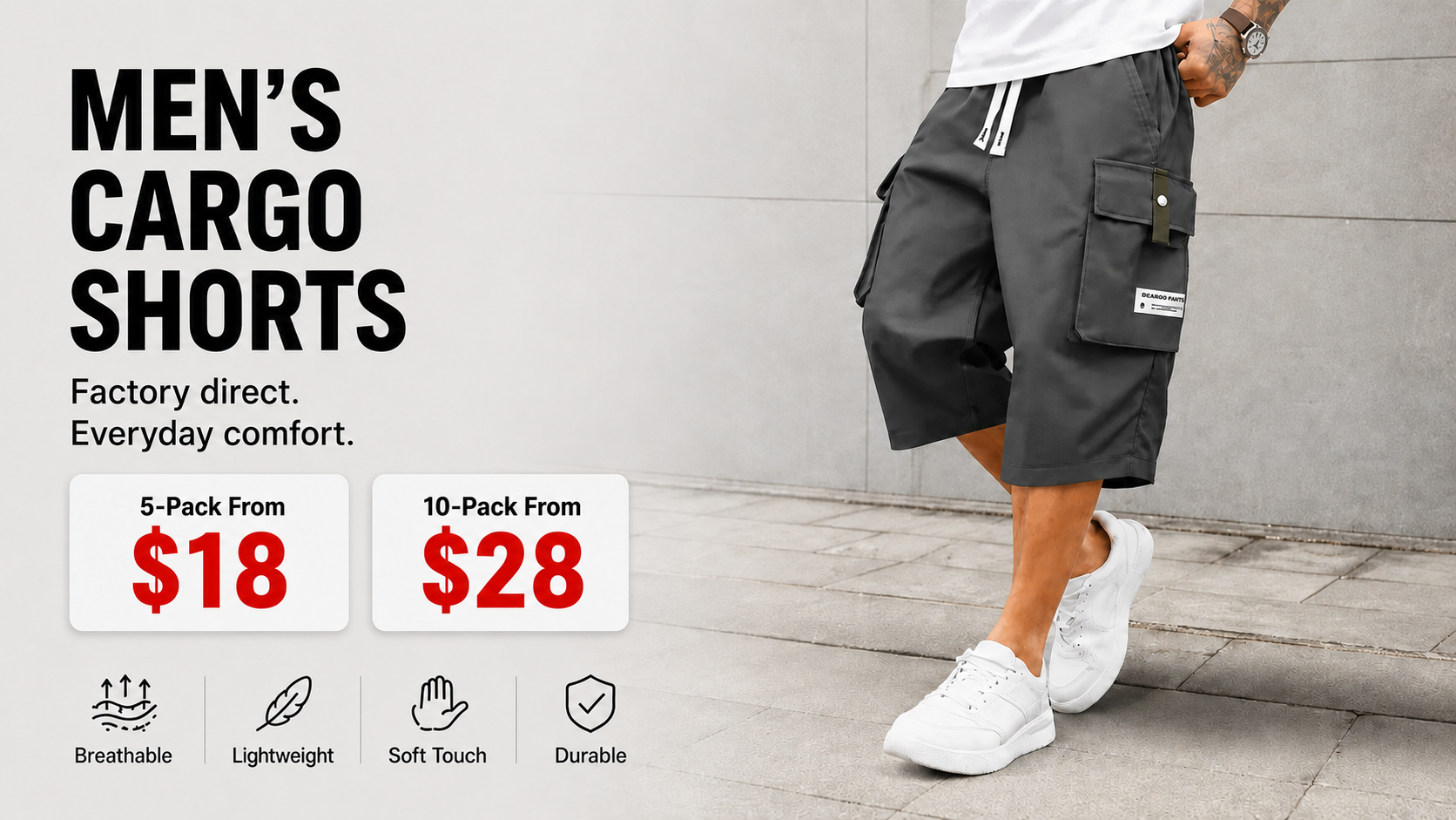 Men's cargo shorts value offer with 5-pack and 10-pack prices.
