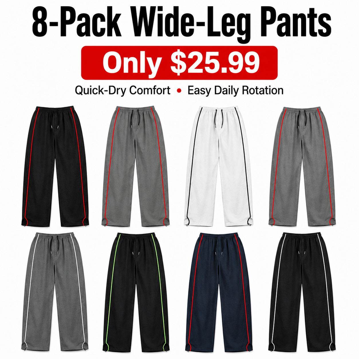 Men's Quick-Dry Wide-Leg Pants 8-Pack