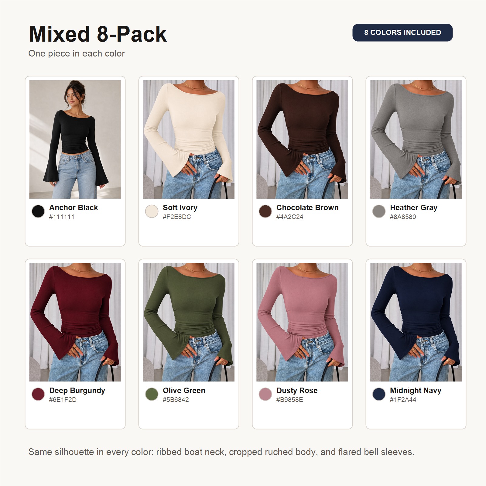 Mixed 8-Pack ribbed boat neck bell sleeve crop tops