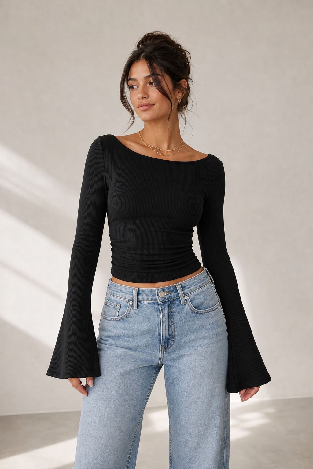 Black ribbed boat neck bell sleeve crop top front view