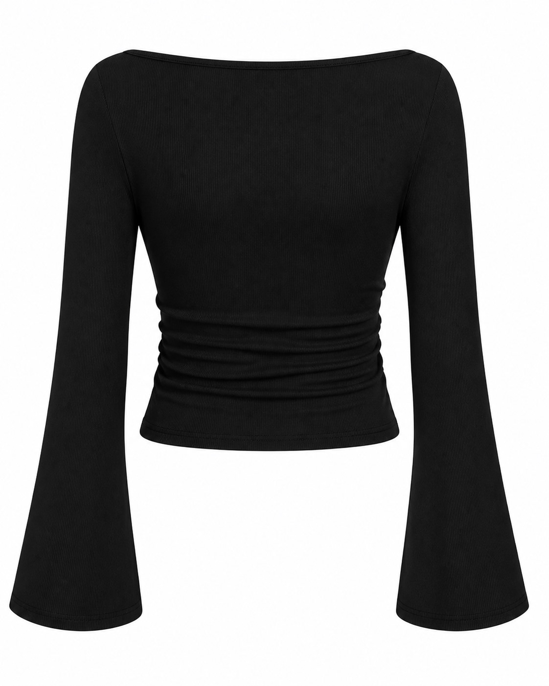 Back view of ribbed boat neck bell sleeve crop top