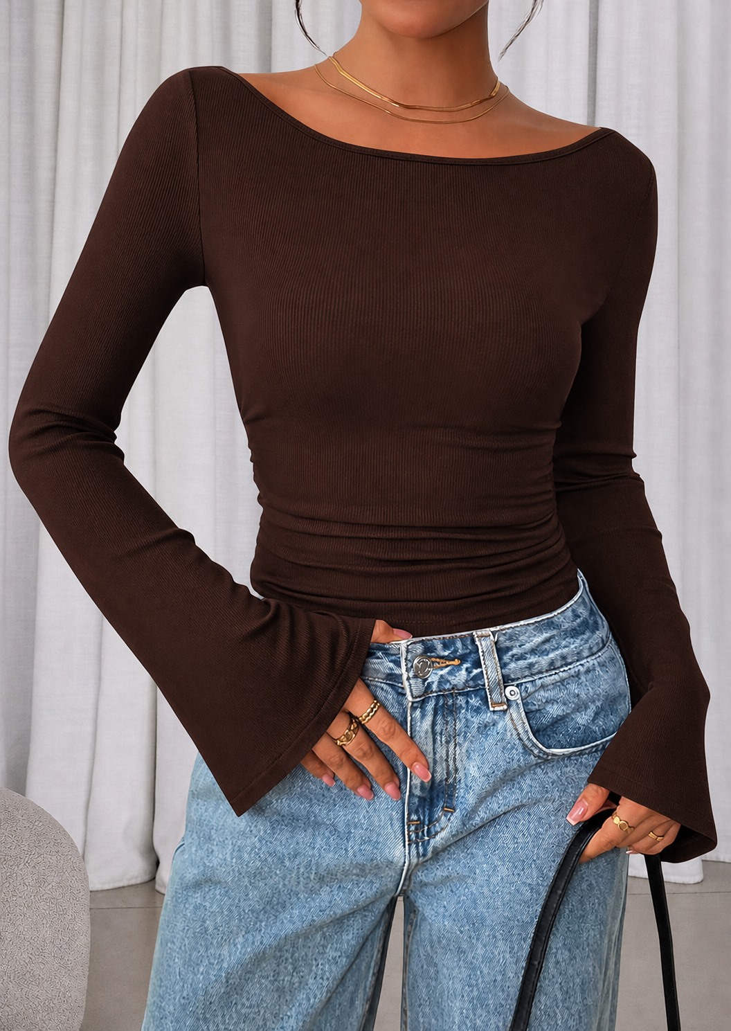 Chocolate Brown ribbed boat neck bell sleeve crop top