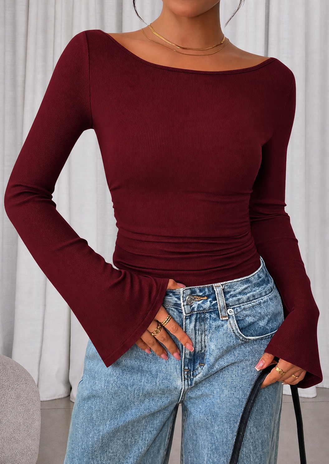 Deep Burgundy ribbed boat neck bell sleeve crop top