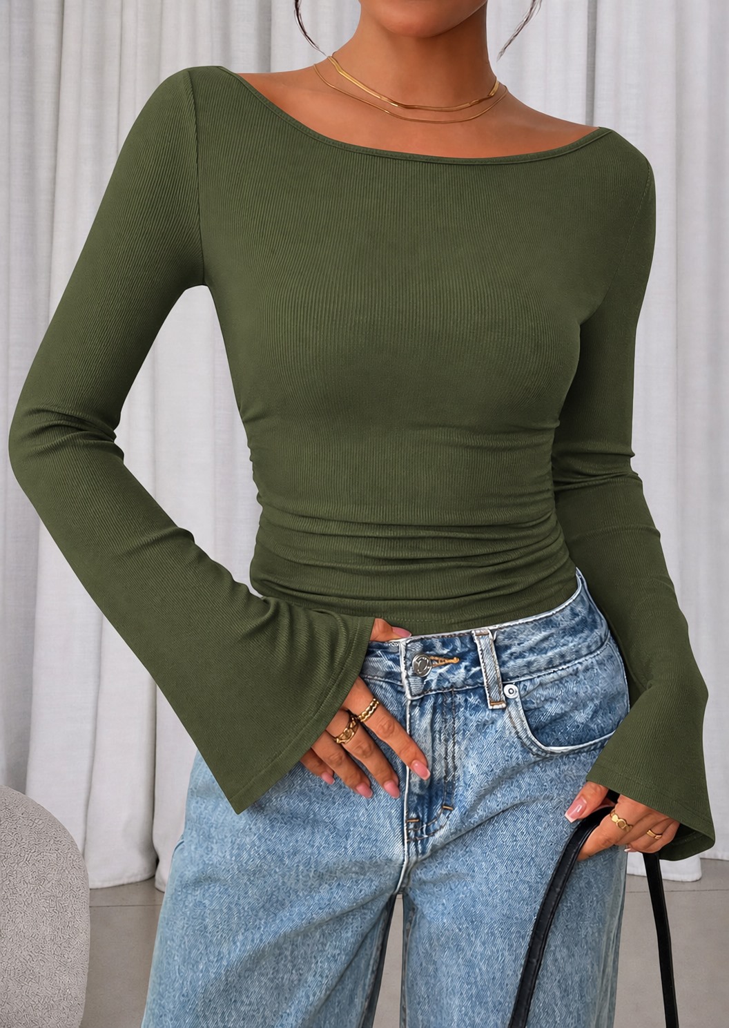 Olive Green ribbed boat neck bell sleeve crop top