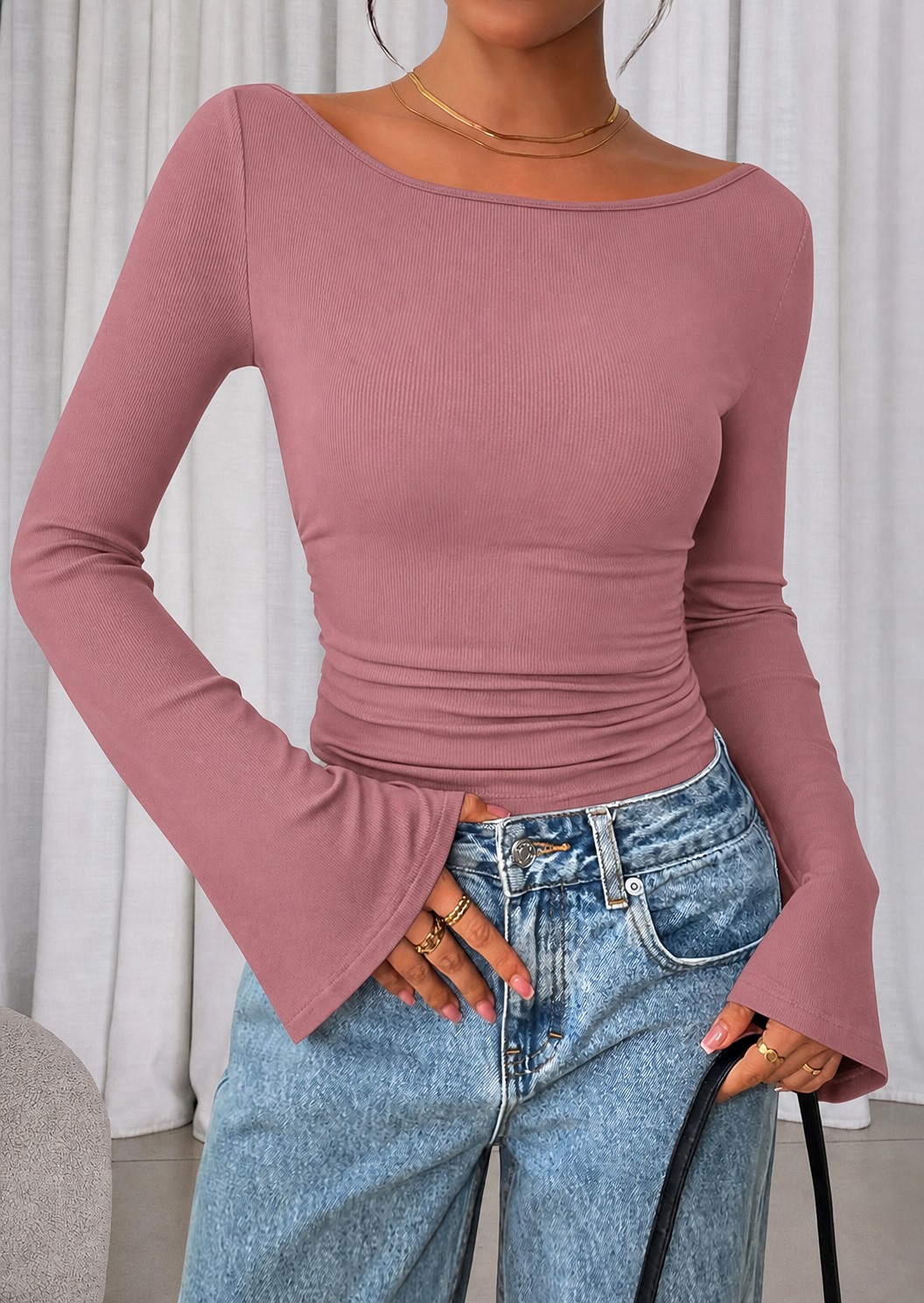 Dusty Rose ribbed boat neck bell sleeve crop top
