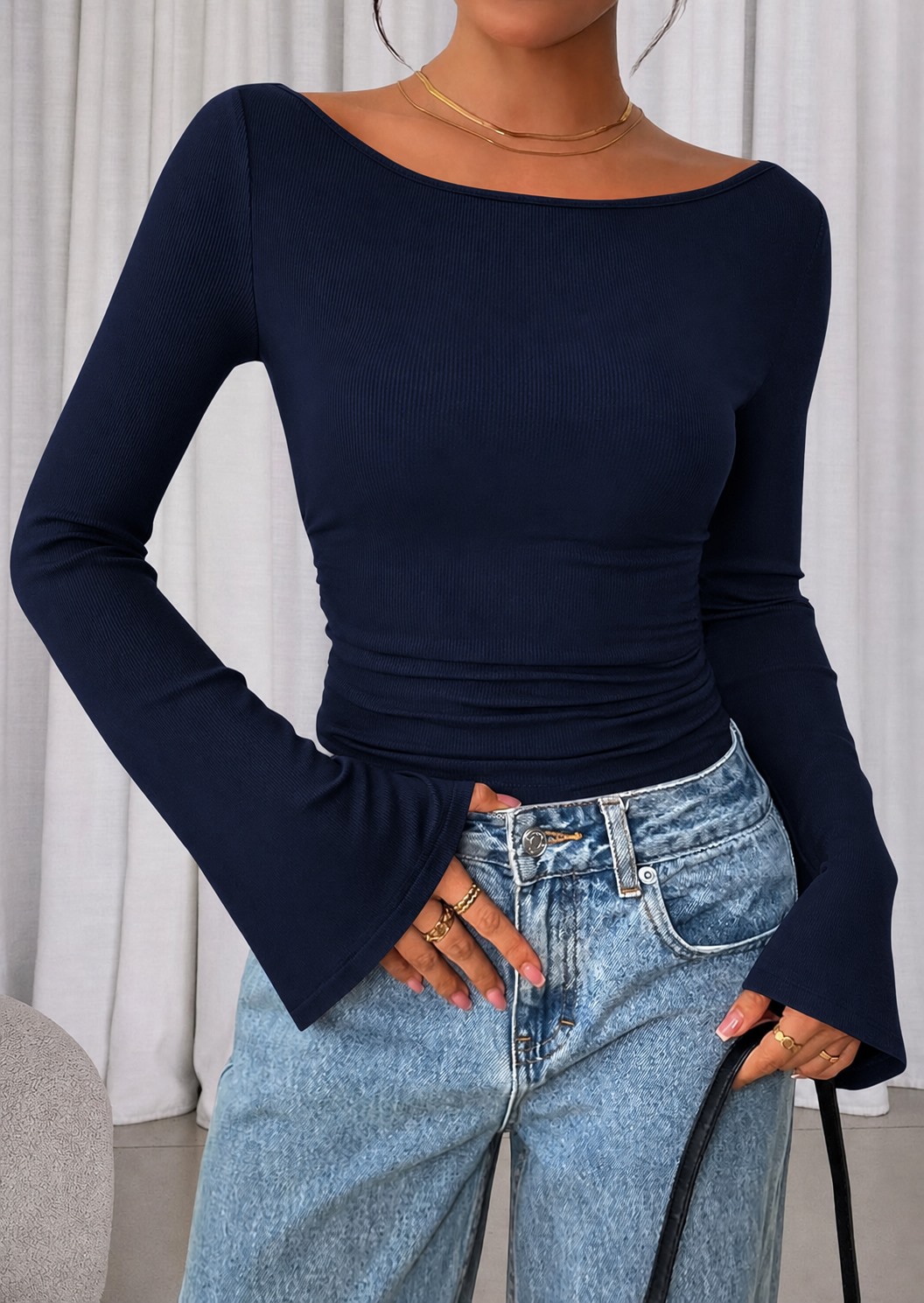 Midnight Navy ribbed boat neck bell sleeve crop top
