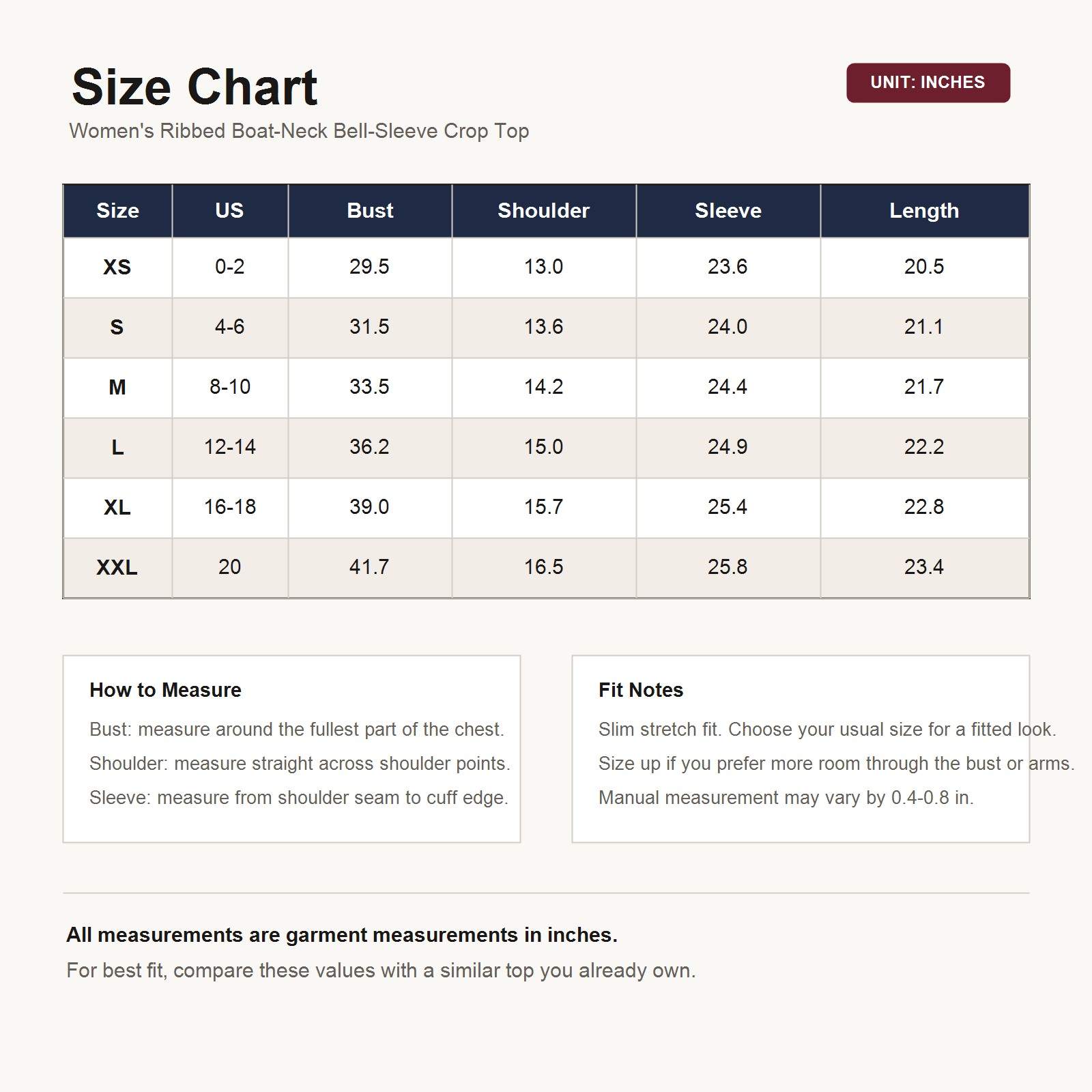 Size chart for ribbed boat neck bell sleeve crop top