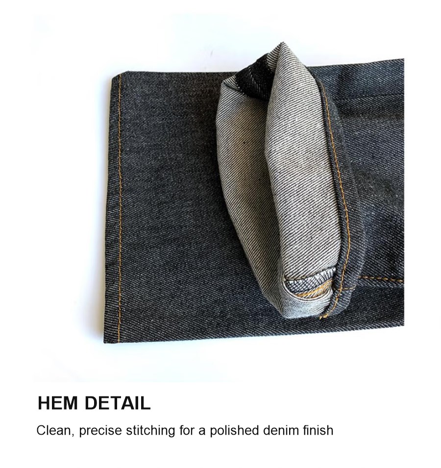 Close-up of denim hem and cuff stitching