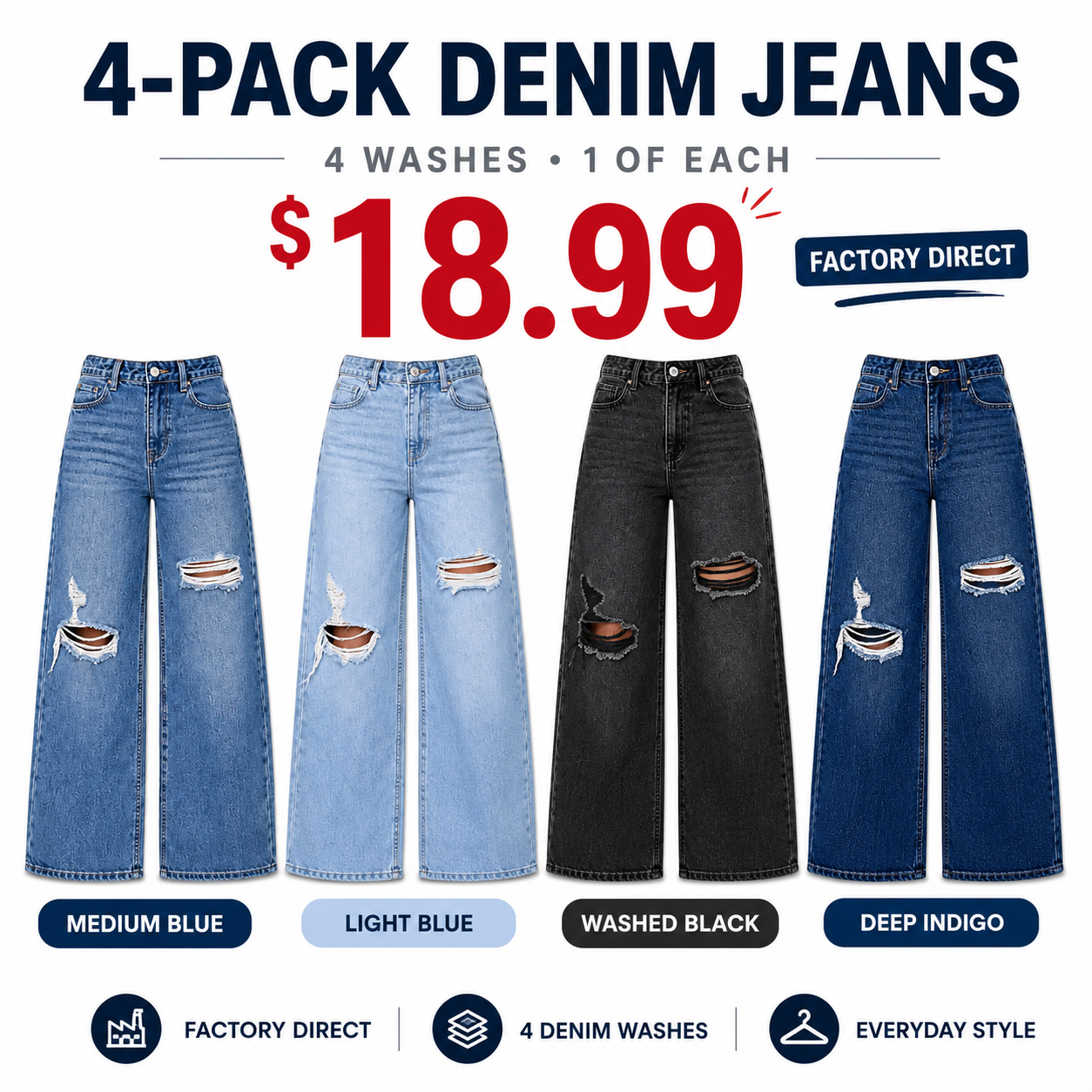 Women's High Rise Ripped Wide Leg Jeans 4-Pack & 8-Pack