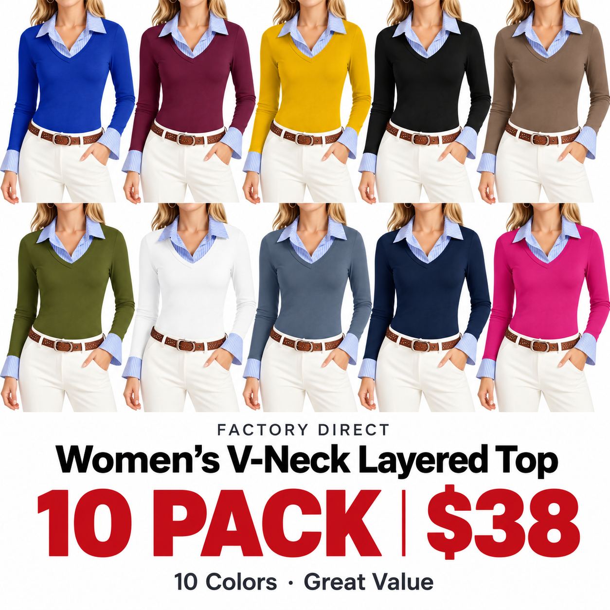 Women's Layered-Collar Long Sleeve Polo 5-Pack & 10-Pack