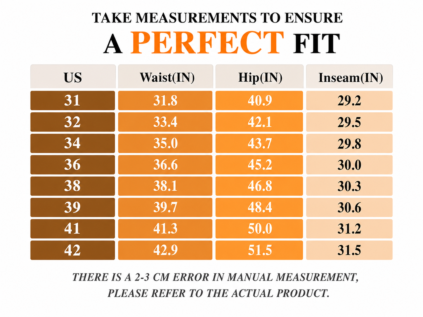 Cargo work pants size chart in inches