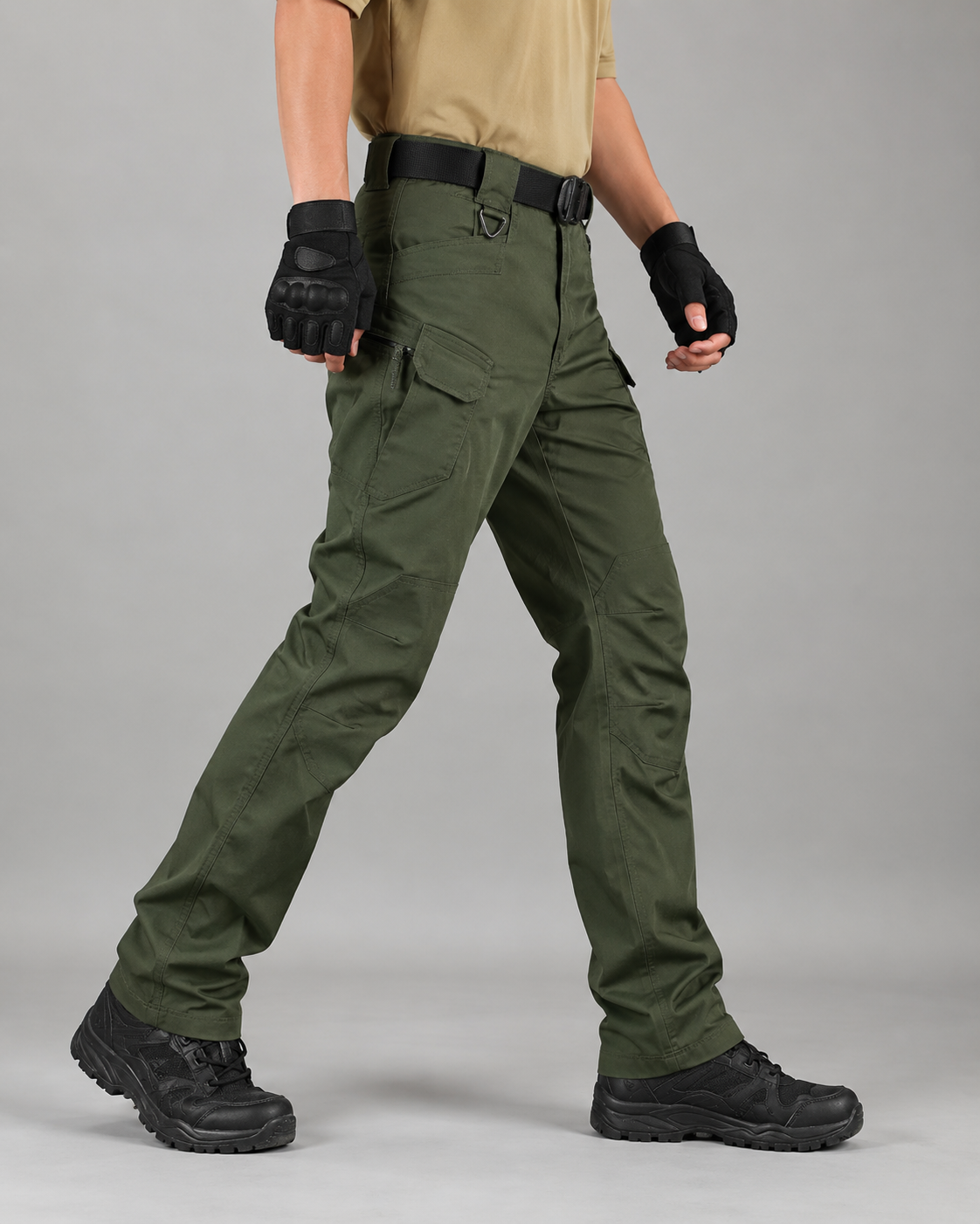Side view of olive green cargo work pants