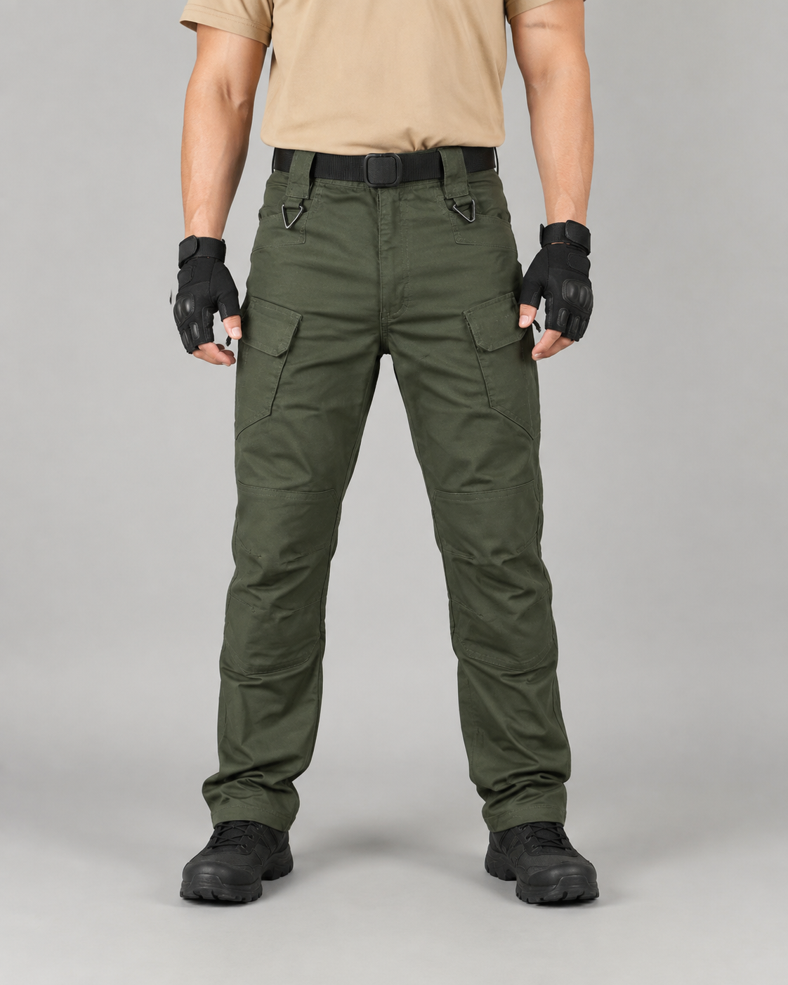 Front view of olive green cargo work pants