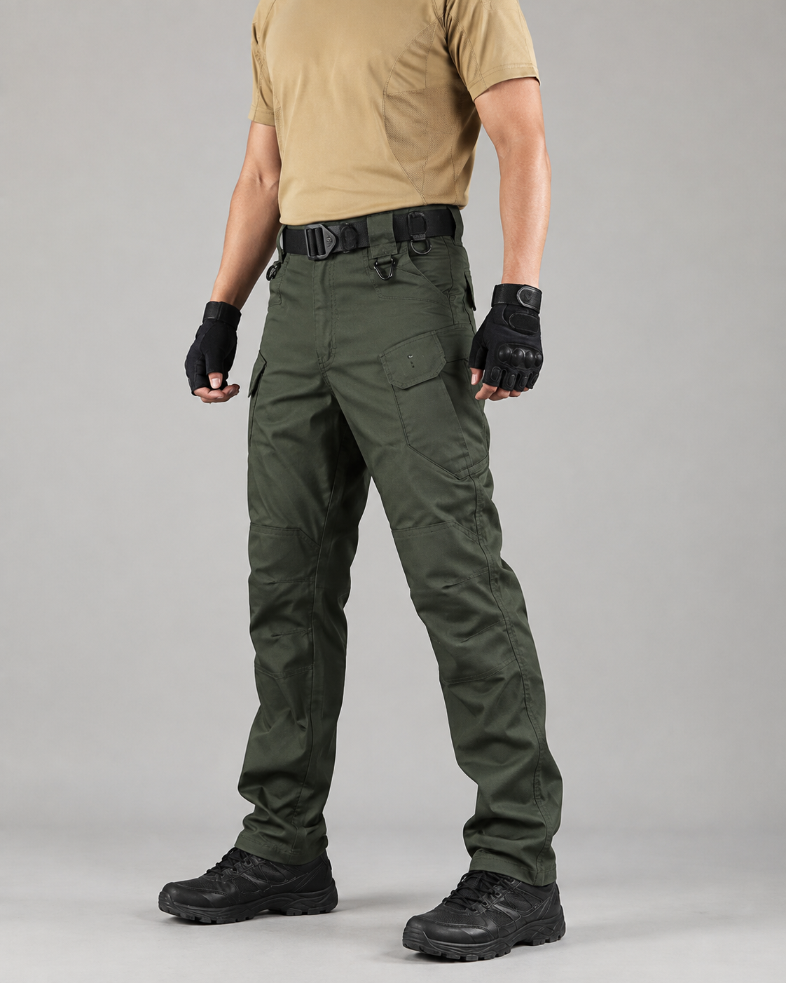 Angled view of olive green cargo work pants