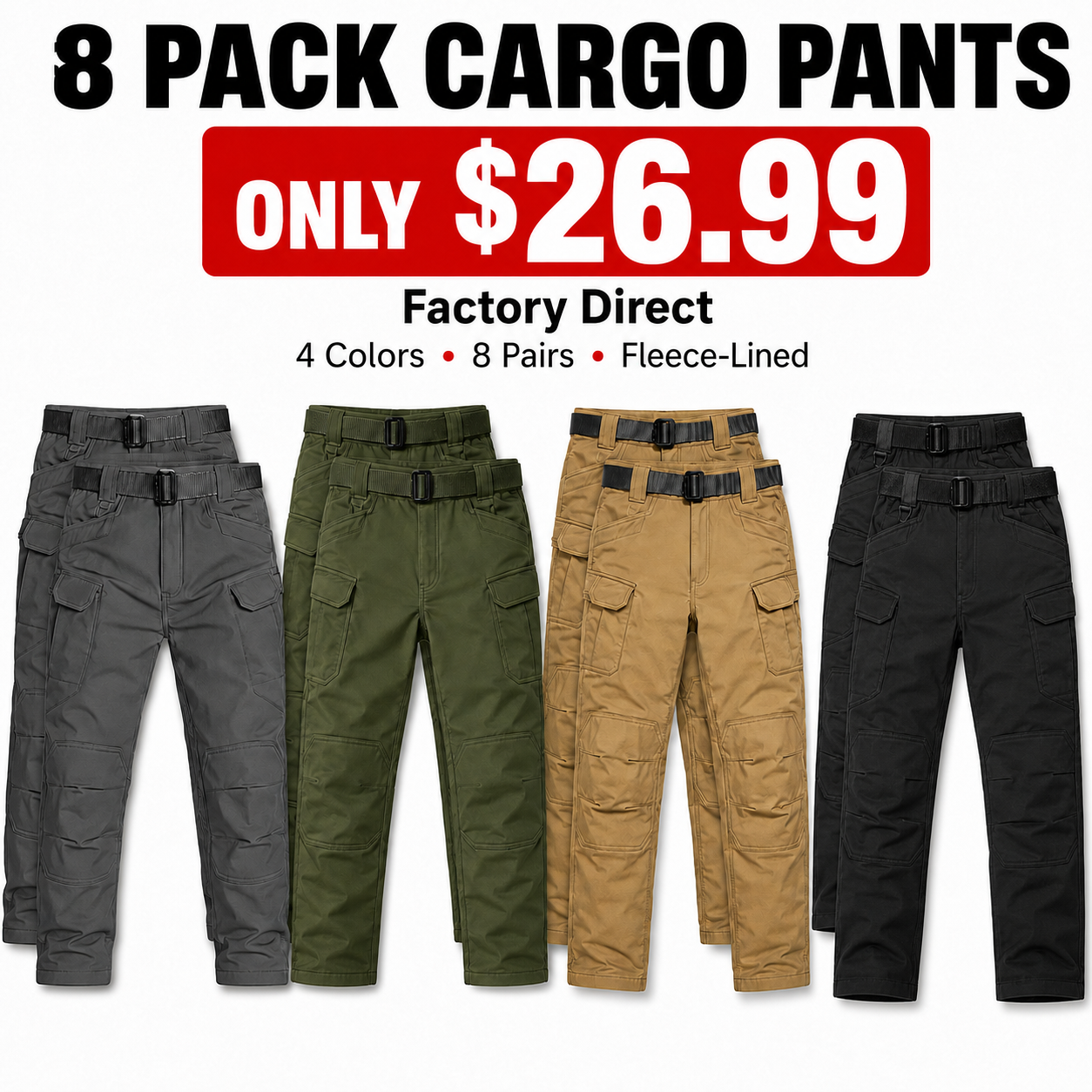 Men's Fleece-Lined Cargo Pants 8-Pack