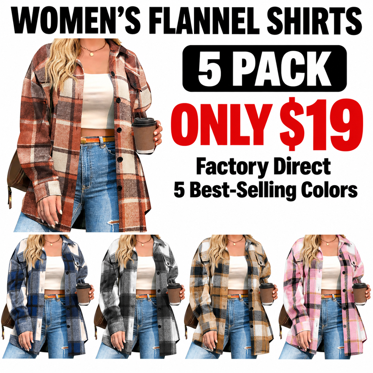 Women's Plus Size Plaid Flannel Shirt Packs – 5 or 9 Pack