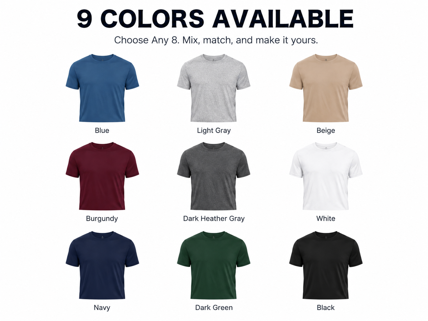 Nine colors available for men's crew neck T-shirt