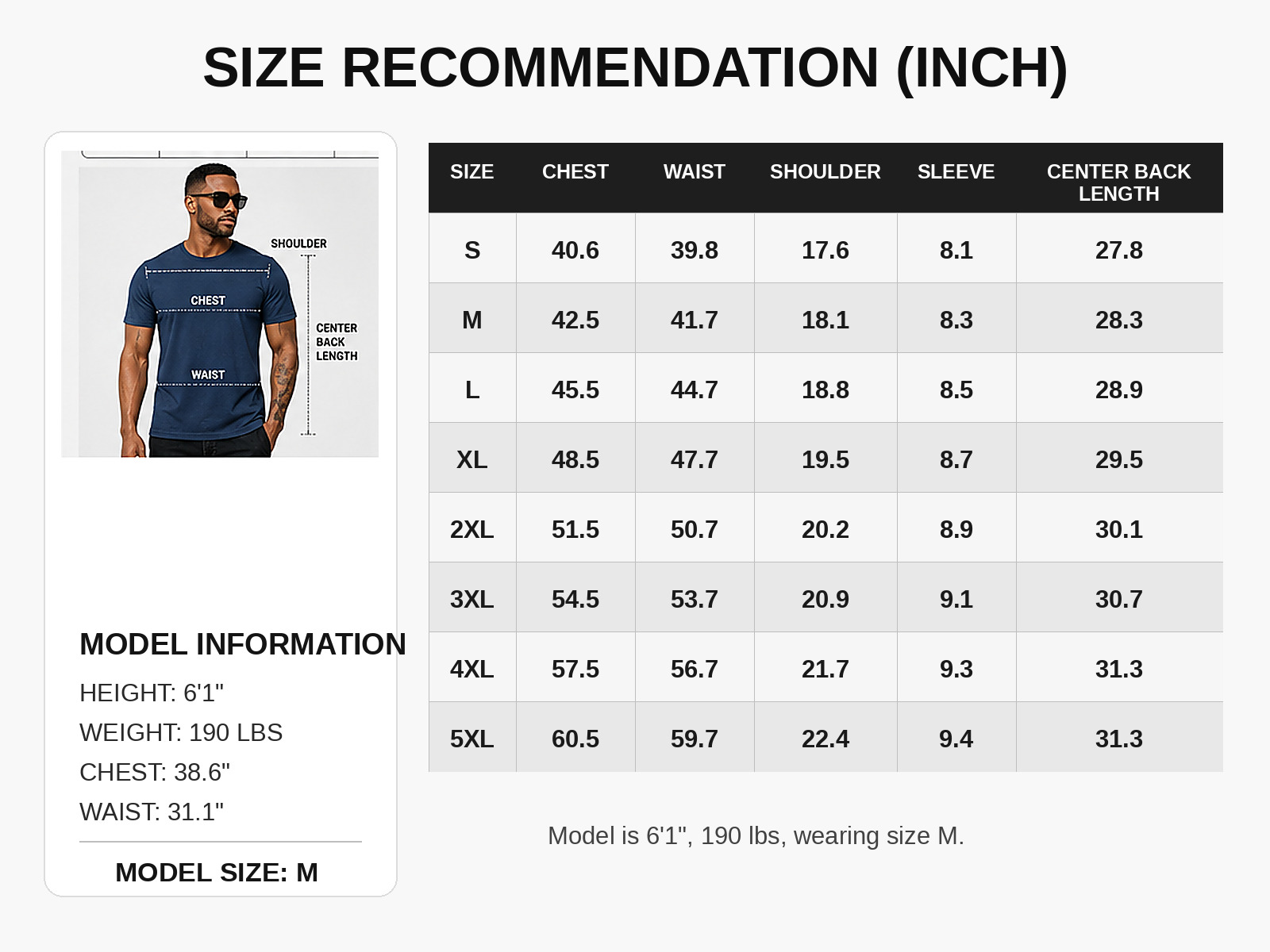 Men's crew neck T-shirt size recommendation chart in inches.