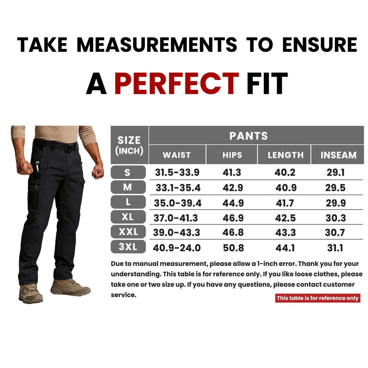 Size chart image for men's tactical pants