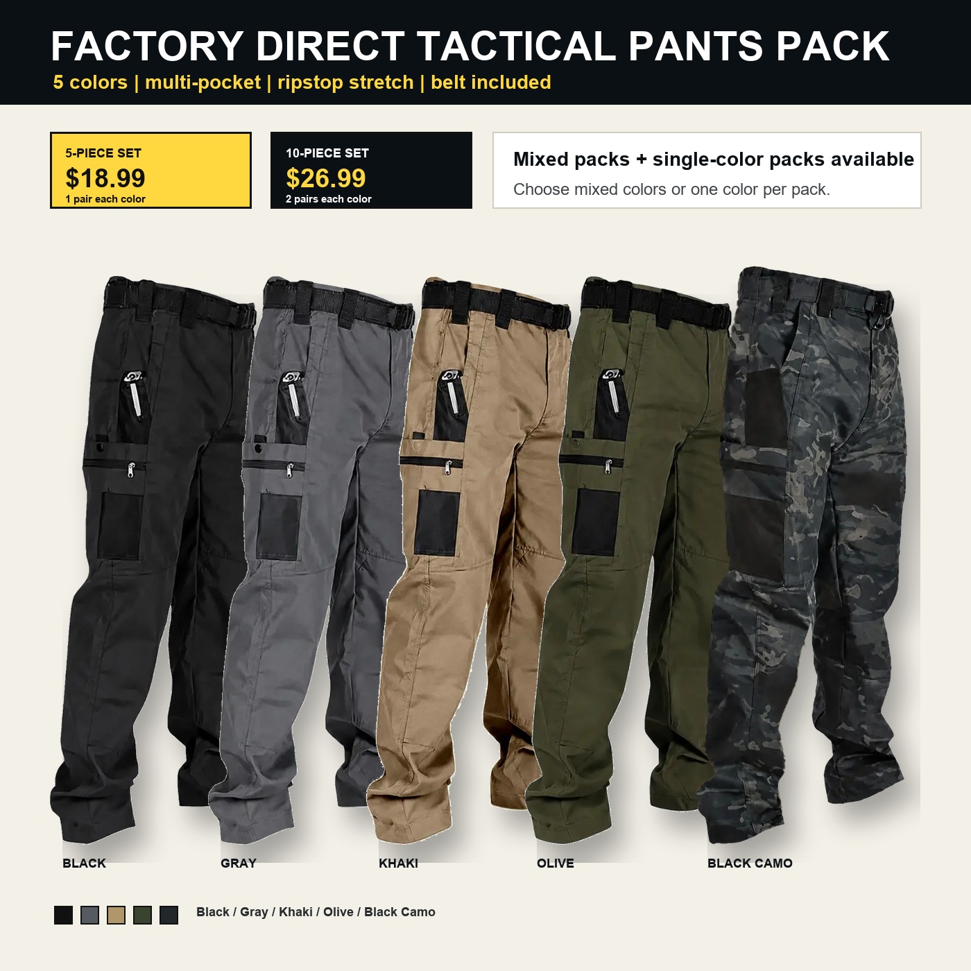 Factory direct tactical pants pack with five colors and pack prices