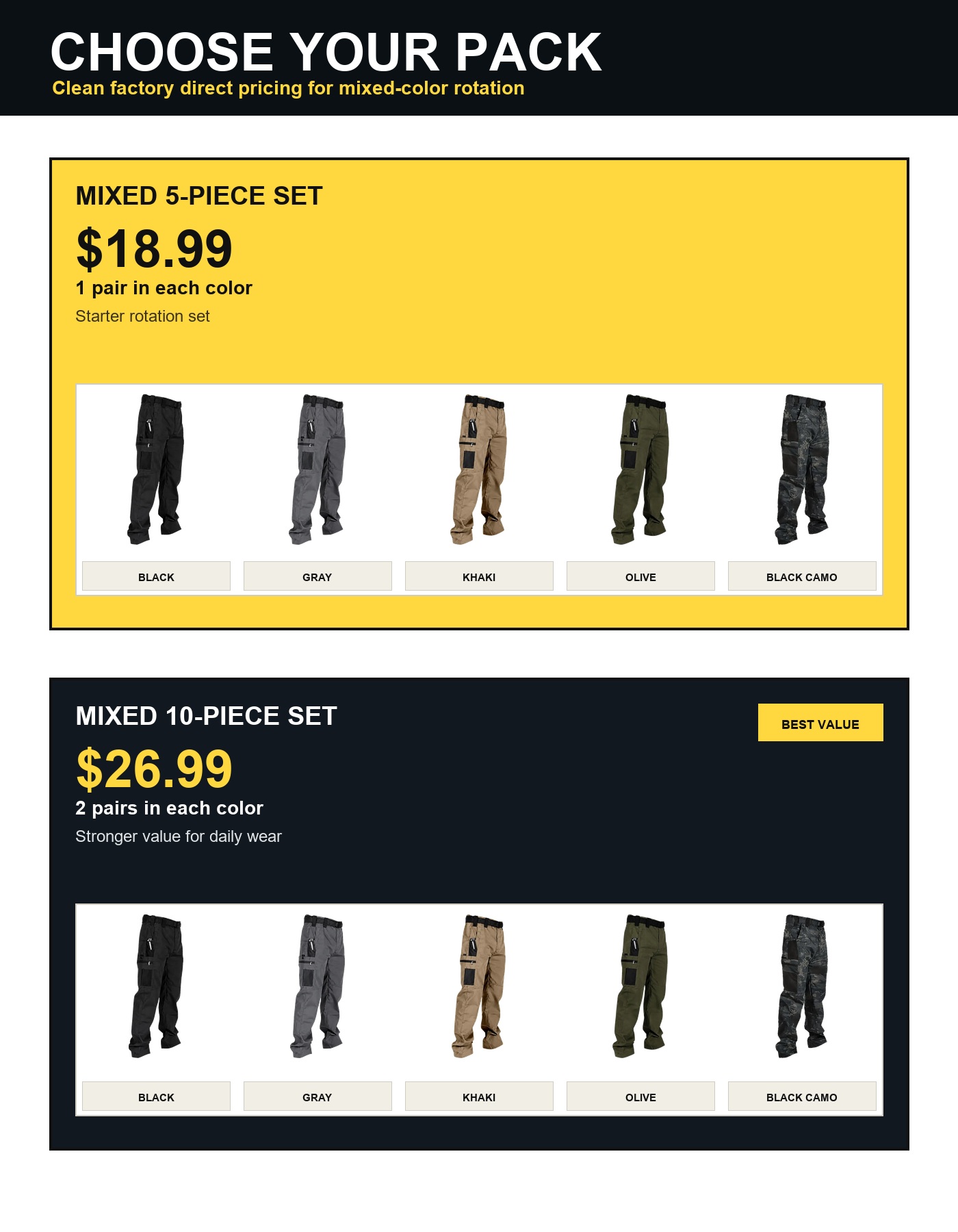 5-piece and 10-piece tactical pants pack guide
