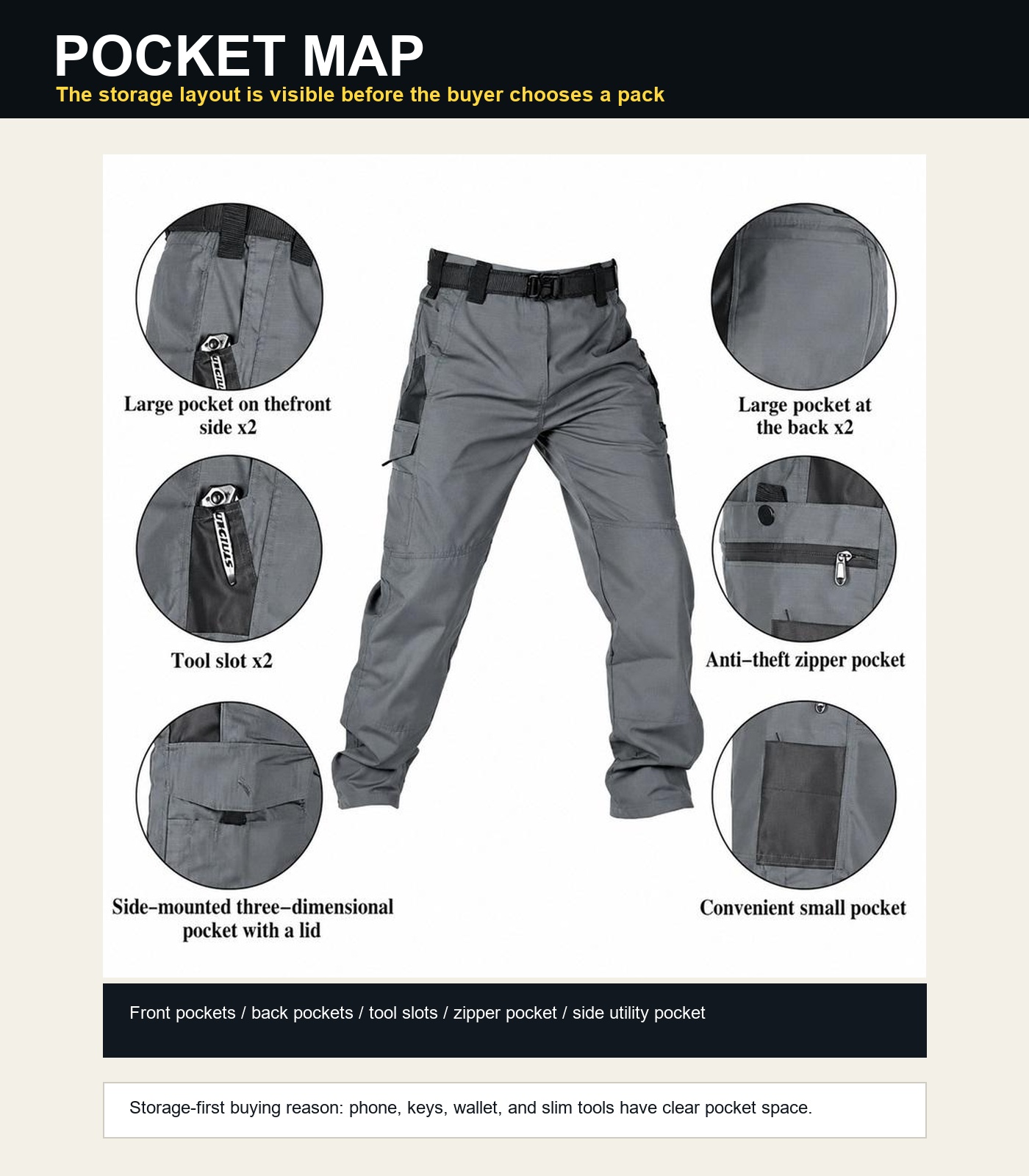 Captioned tactical pants pocket map