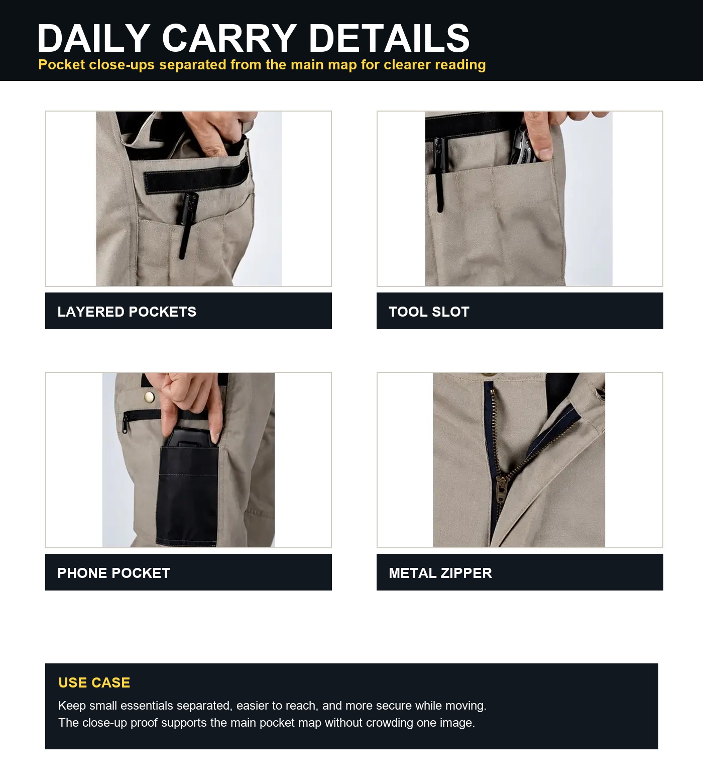 Captioned tactical pants pocket close-ups