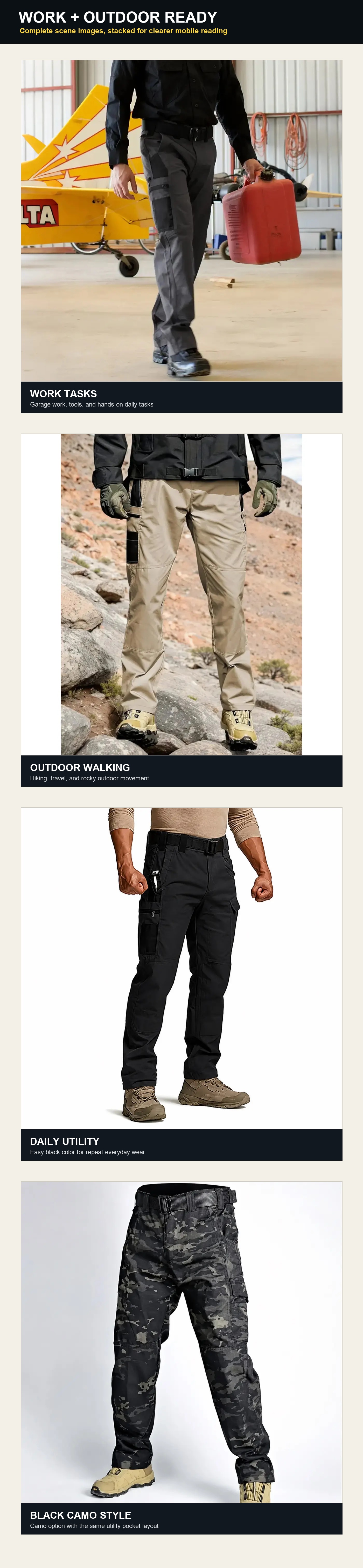 Vertical work and outdoor use scenes