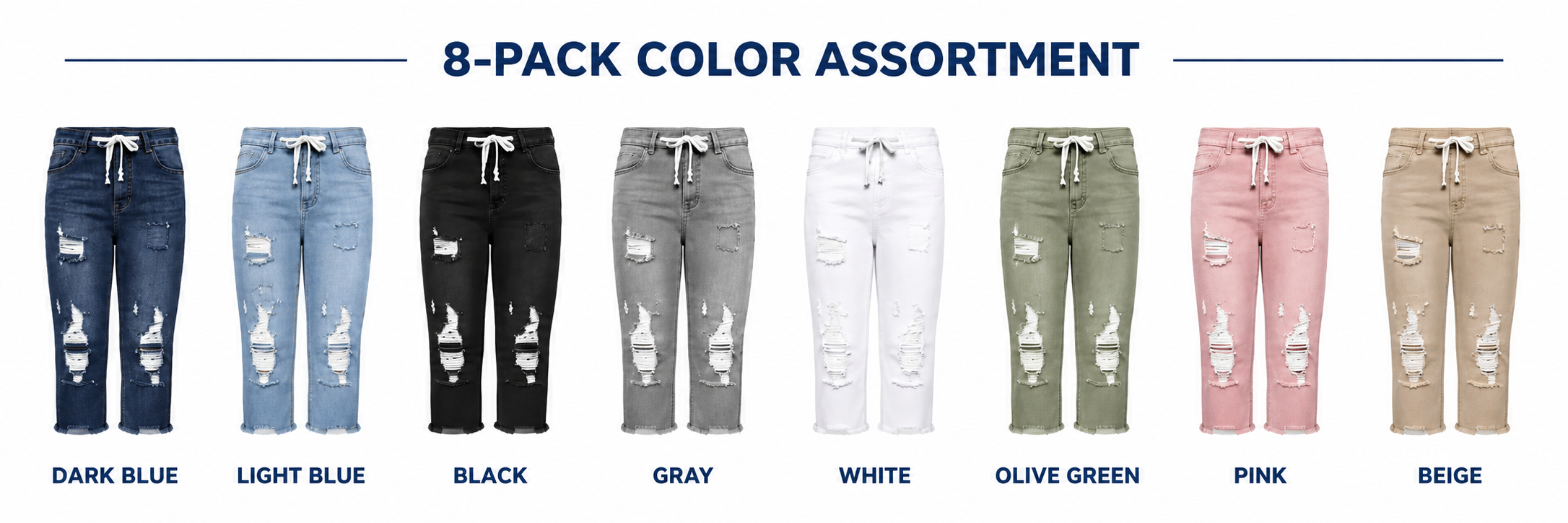 8-pack color assortment of distressed capri jeans