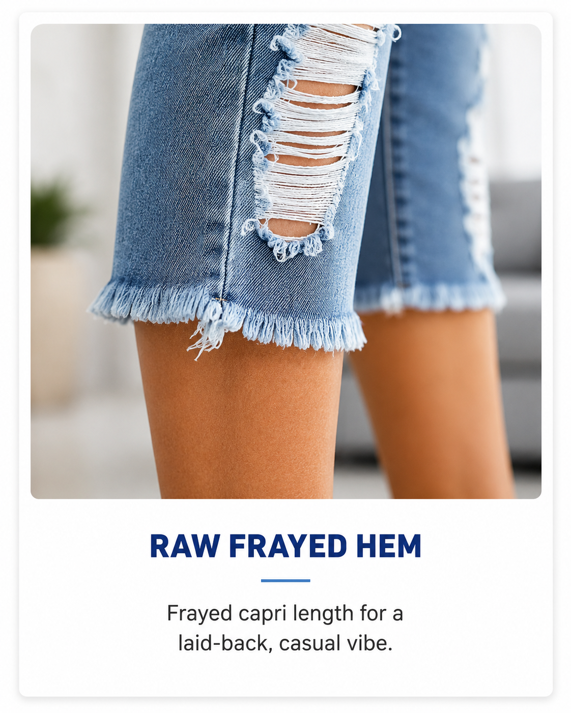raw frayed hem detail on capri jeans