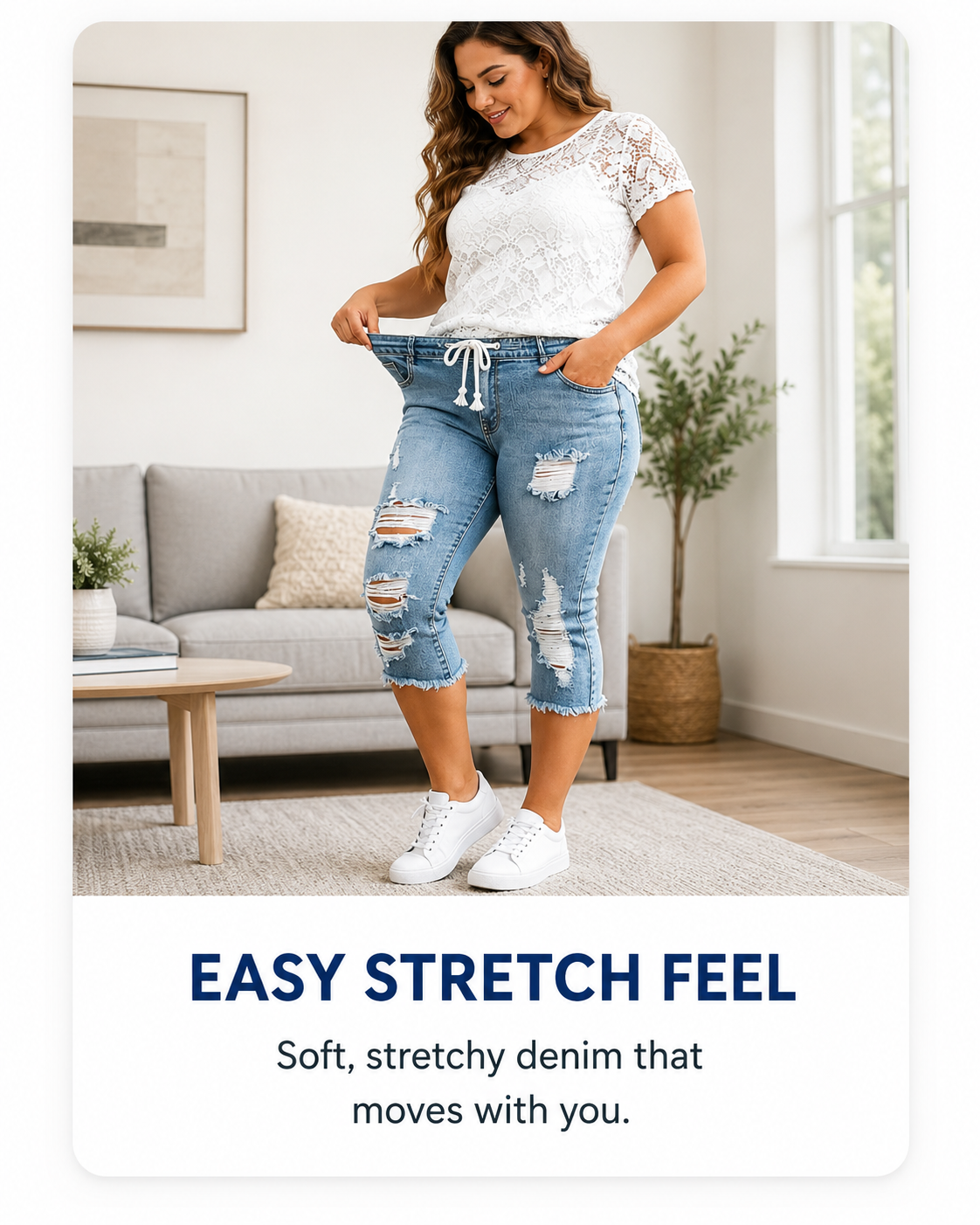 easy stretch feel card for distressed capri jeans