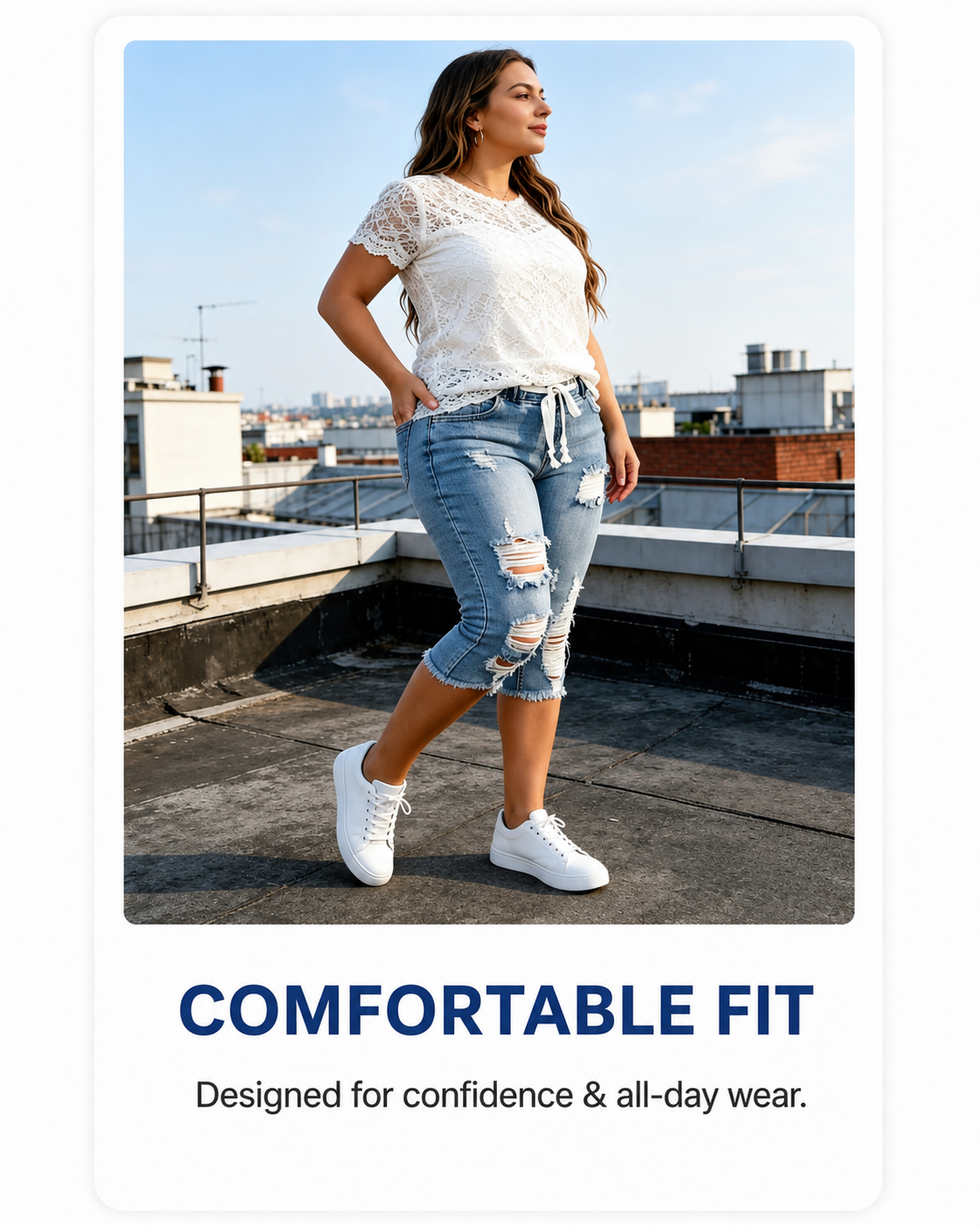comfortable fit distressed capri jeans on model