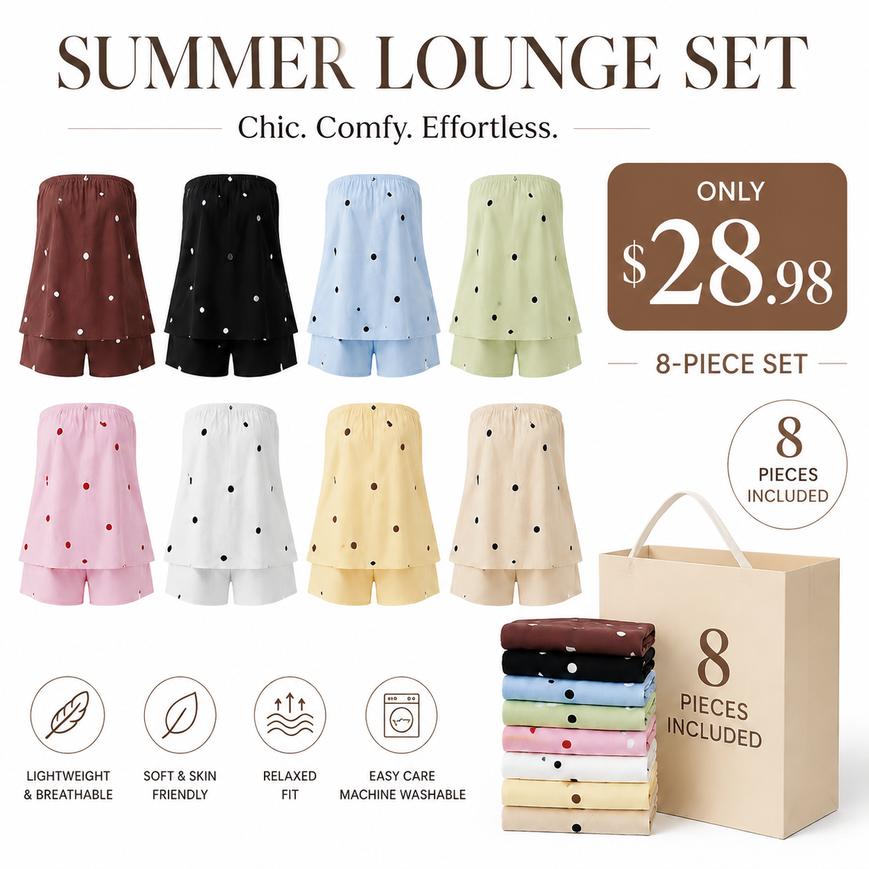 Women's Strapless Polka Dot Two-Piece Shorts Set
