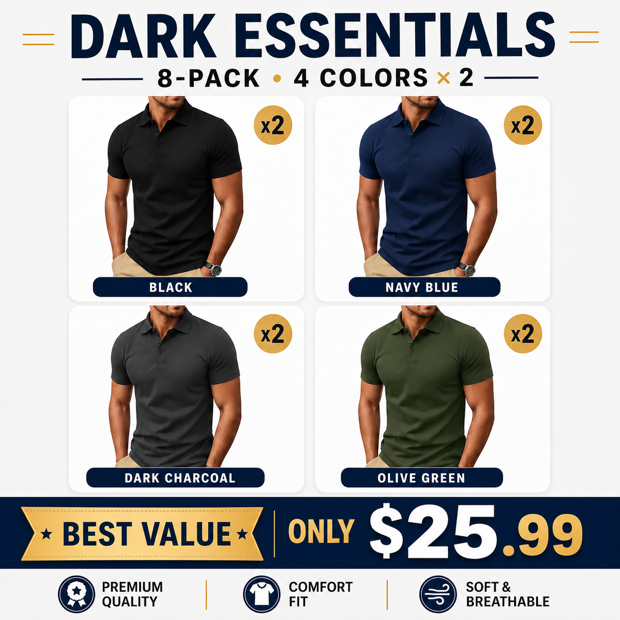 Men's Polo Shirt, Short Sleeve, Soft Cotton Piqué T-Shirt, Three-Button Classic Fit, Casual High-Performance Golf Shirt
