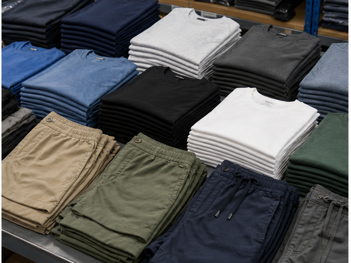 Folded men's tees, shorts, and pants arranged by warehouse batch