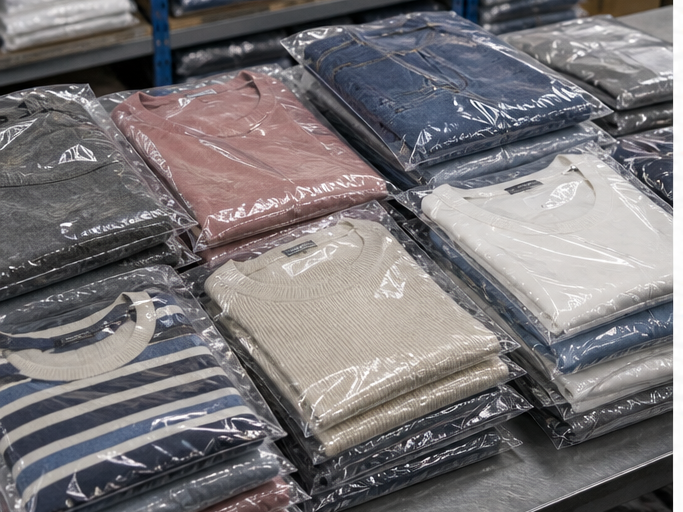 Folded women's basics packed in clear poly bags