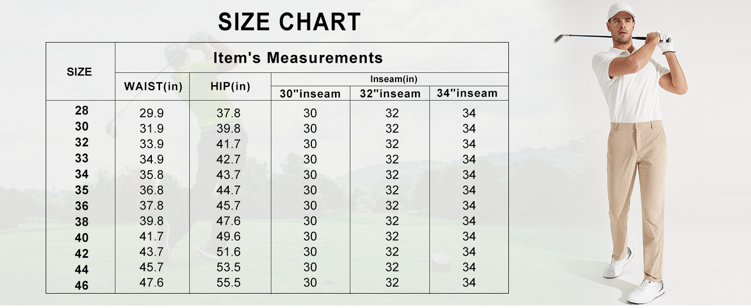 Size chart displaying measurements for pants, including waist size, hip size, and inseam lengths. Accompanied by an image showing a person modeling light-colored pants.