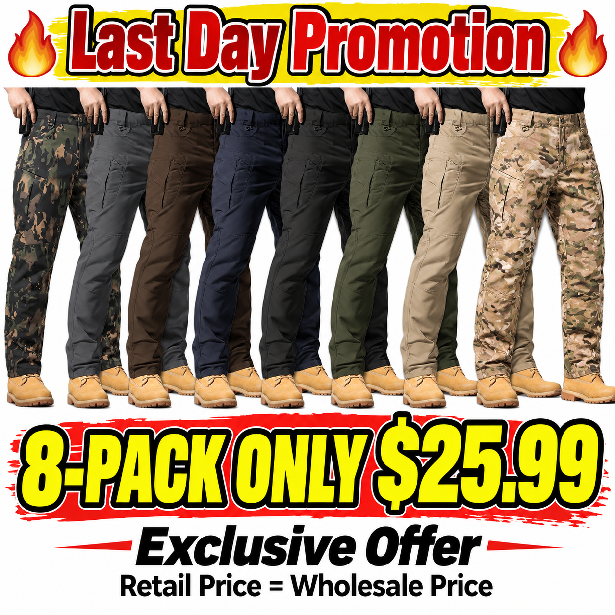Men's Lightweight Tactical Cargo Pants — 8-Pack