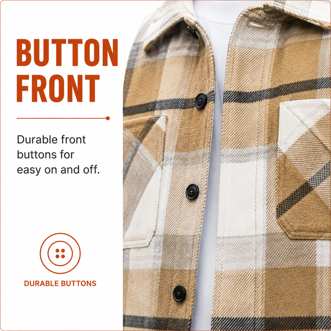 Button front detail on a tan plaid shirt jacket.