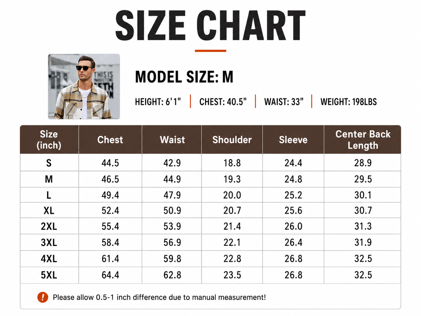 Size chart for the men's flannel shirt jacket from S to 5XL.