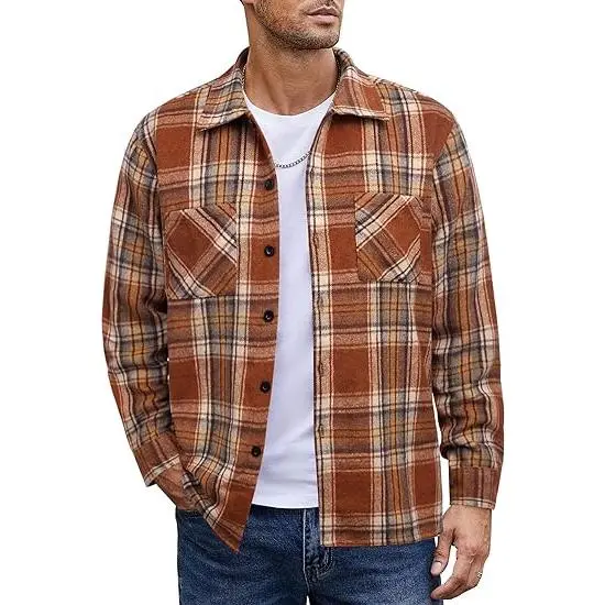 Rust plaid flannel shirt jacket.