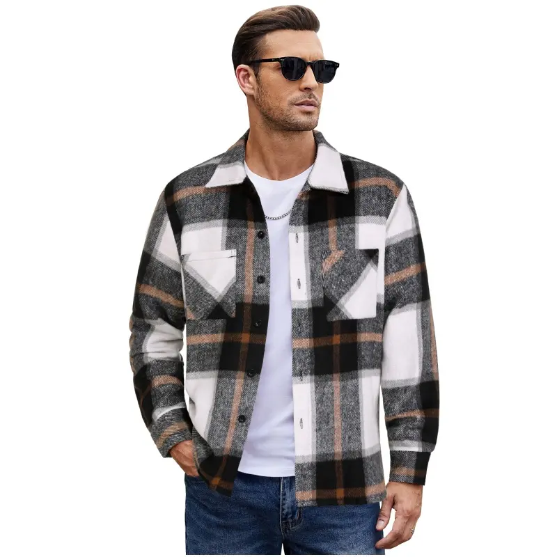 Black and orange plaid flannel shirt jacket.