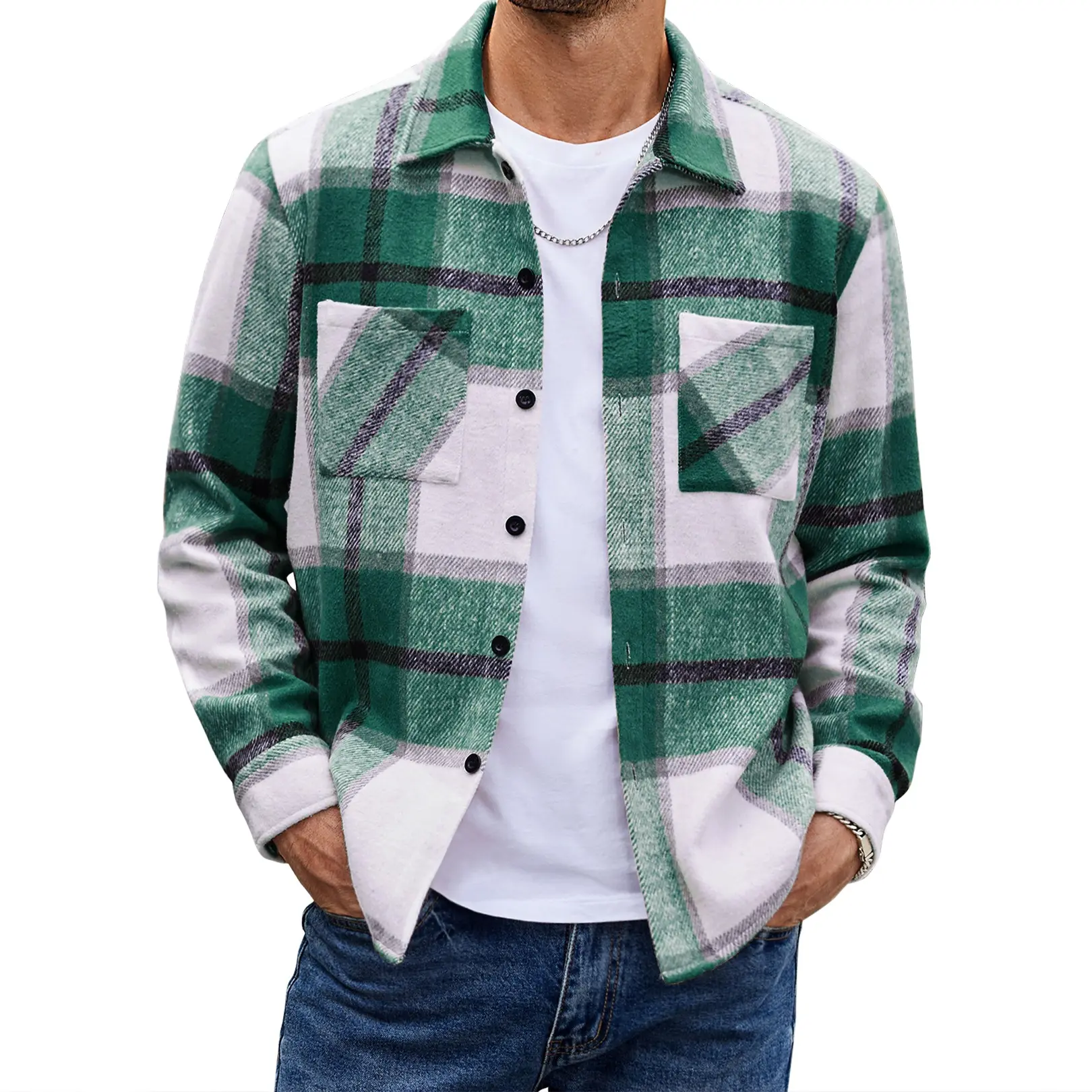 Green plaid flannel shirt jacket.
