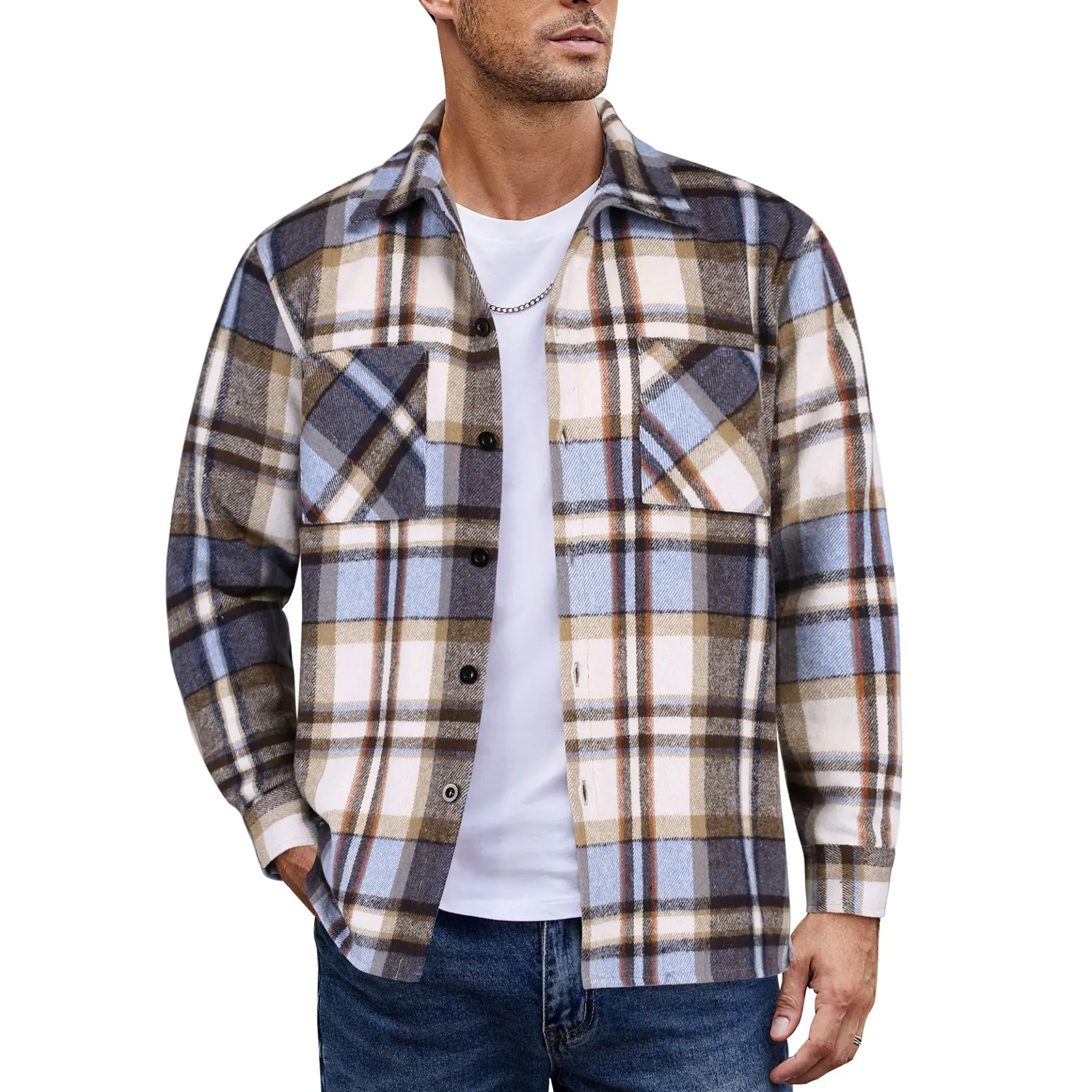 Blue and brown plaid flannel shirt jacket.