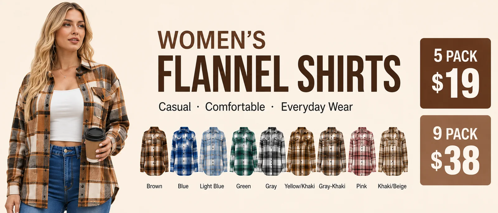 Women's plaid flannel shirt pack offer: 5 pack for $19 and 9 pack for $38